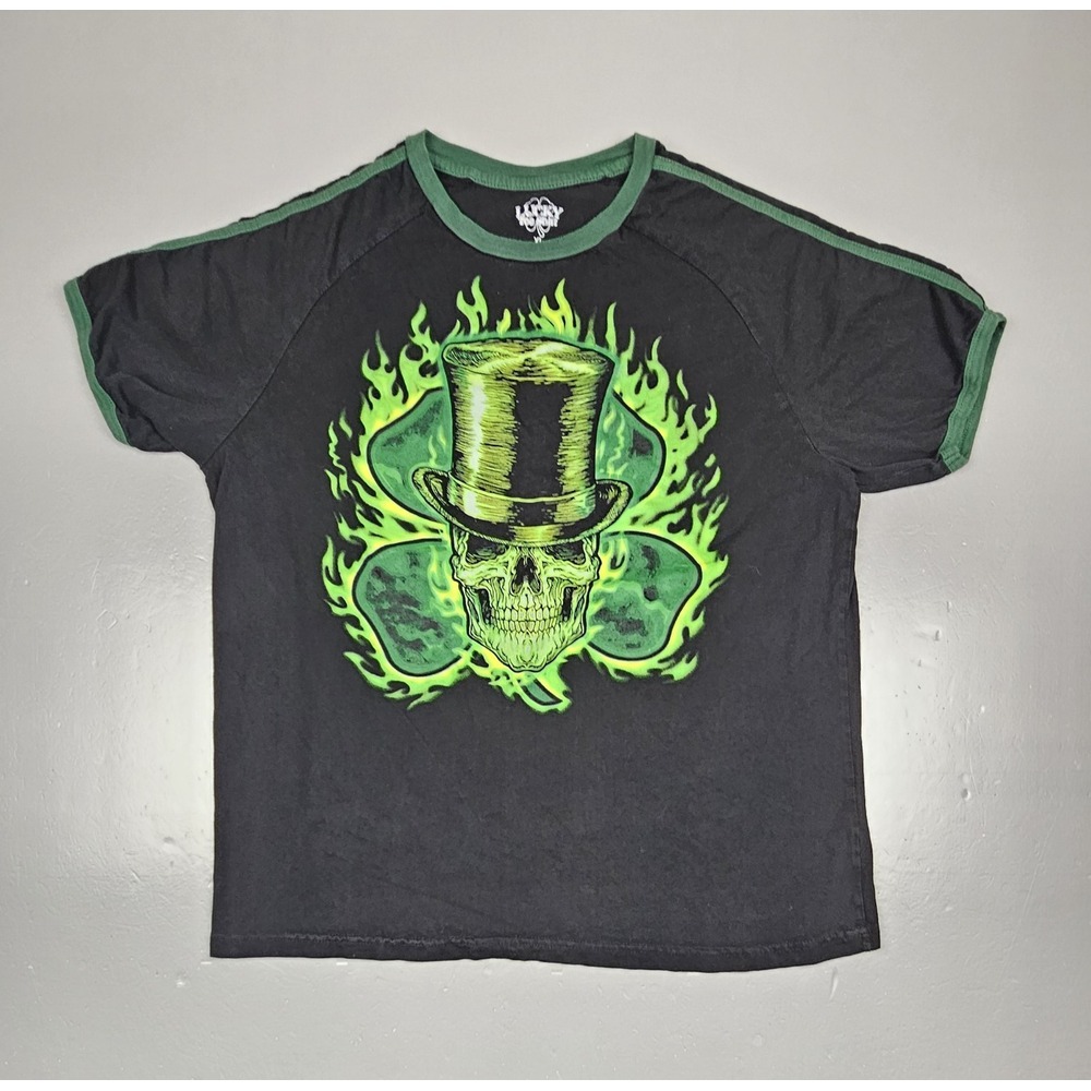 Shamrock Skull T-Shirt Mens XL. Y2K Lucky 4 Leaf Clover Irish St Patrick's‎ Day